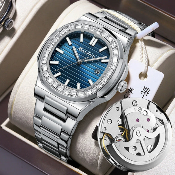Alloy Mechanical Men's Square Watch With Diamondencrusted Nautilus Waterproof Luminous Calendar Mineral Reinforced Glass Mirror Stainless Steel Buckle Business Style