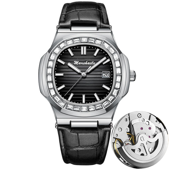 Alloy Mechanical Men's Square Watch With Diamondencrusted Nautilus Waterproof Luminous Calendar Mineral Reinforced Glass Mirror Stainless Steel Buckle Business Style