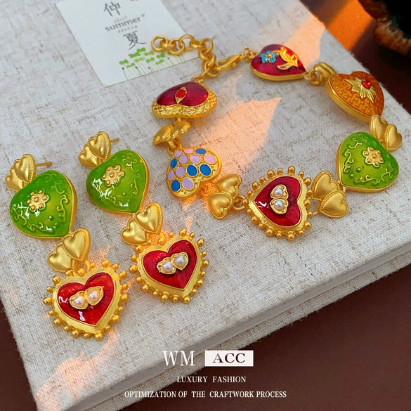 Alloy Medieval Vintage Women's Jewelry Set With Dripping Oil Heart Flower Pattern Bracelet And Earrings