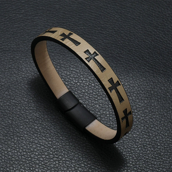 Alloy Men's Printed Cross Bracelet With Magnet Buckle And Stamping Process