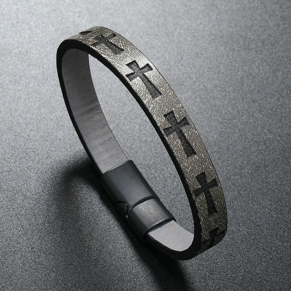 Alloy Men's Printed Cross Bracelet With Magnet Buckle And Stamping Process