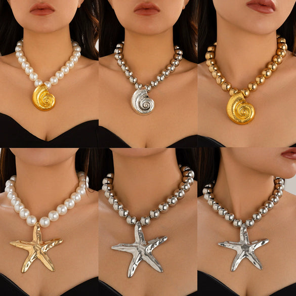 Alloy Mermaid Conch Pendant Necklace With Pearl Chain Exaggerated Ocean Style For Women