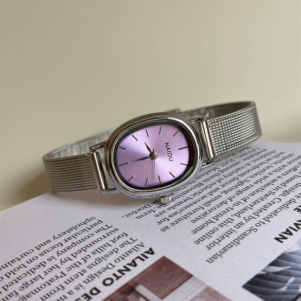 Alloy Mesh Strap Oval Dial Female Student Fashion Light Luxury Watch With Spiral Crown And Single Folding Buckle
