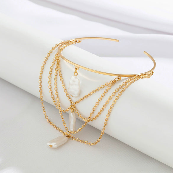 Alloy Metal Chain Imitation Pearl Arm Bracelet Starshaped Electroplated For Women