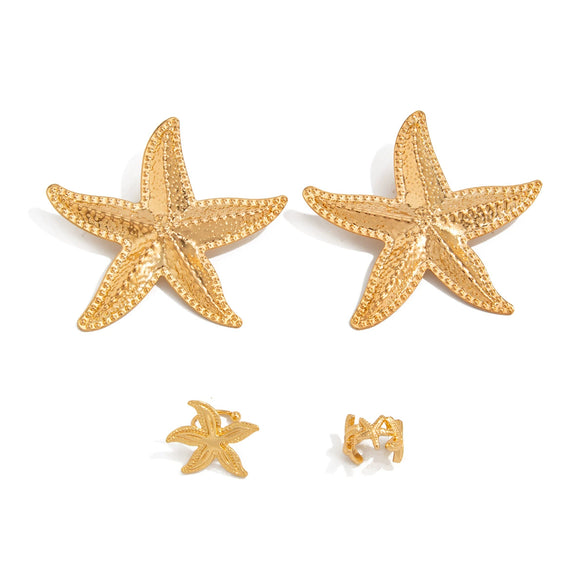 Alloy Metal Flower And Star Shape Ear Clip Set With Electroplating Technique