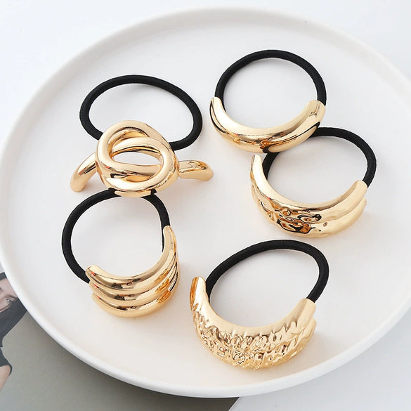 Alloy Metal Punk Style Semicircle Round Tube Elastic Hair Rope With Electroplating Treatment
