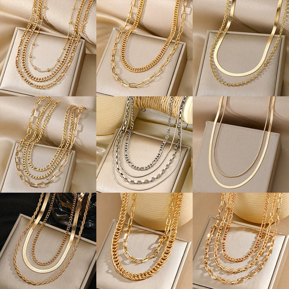 Alloy Metal Women's Multilayered Twist Chain Snake Bone Necklace With Geometric Pattern And Electroplating