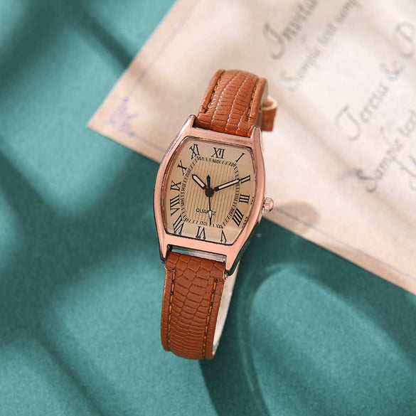 Alloy Mineral Reinforced Mirror Casual Barrel Shape Women's Waterproof Quartz Watch With Imitation Leather Strap