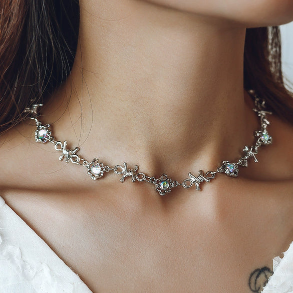 Alloy Moonstone Necklace With Geometric Pattern And Cuban Chain Electroplating Process Trendy Hiphop Style For Women