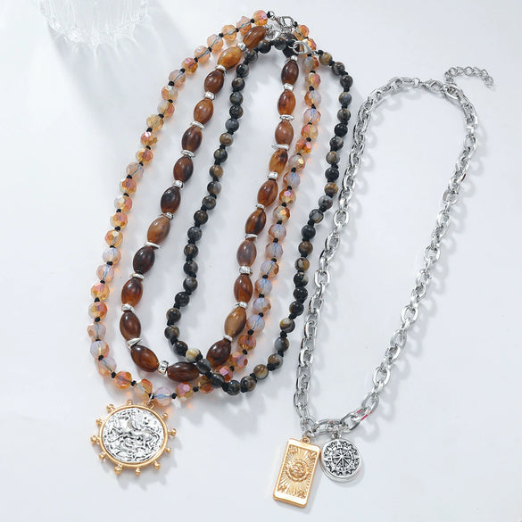 Alloy Multi Layer Beaded Geometric Necklace With Electroplating For Women