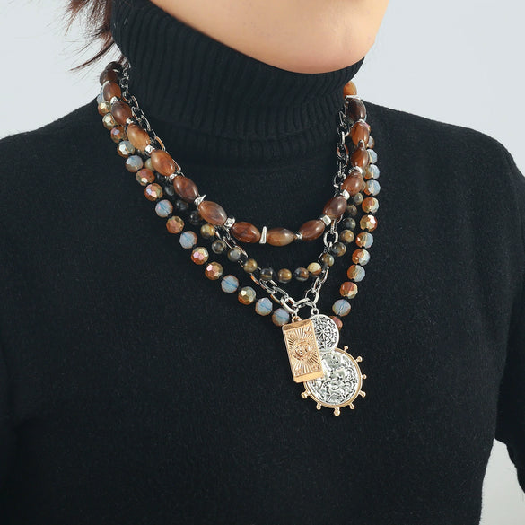 Alloy Multi Layer Beaded Geometric Necklace With Electroplating For Women