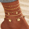 Alloy Multilayer Geometric Butterfly Star Fish Bone Chain Anklet Set For Women
