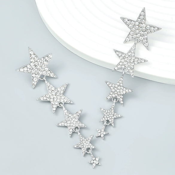Alloy Multilayer Rhinestone Studded Fivepointed Star Long Earrings For Girls With Geometric Design And Diamond Treatment