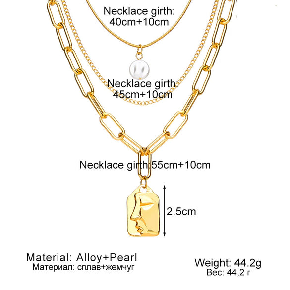 Alloy Multilayer Vintage Geometric Pearl Relief Face Pendant Necklace For Women With Electroplating