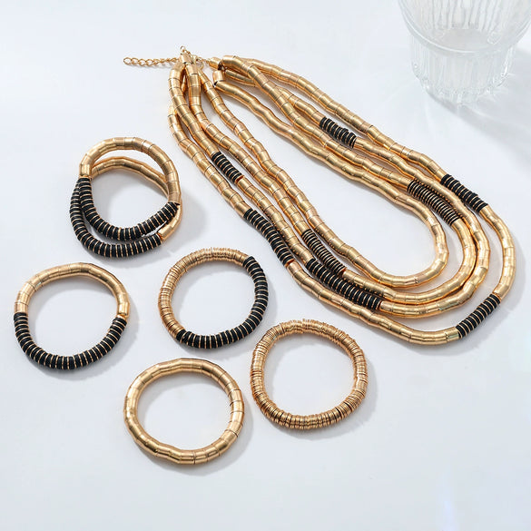 Alloy Multilayered Elastic Necklace And Bracelet Set Geometric Style With Cross Crown And Roman Numerals Pattern Electroplated