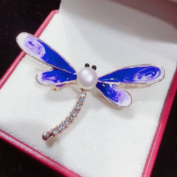 Alloy Natural Freshwater Pearl Dragonfly Brooch Electroplated Women's Coat Accessory