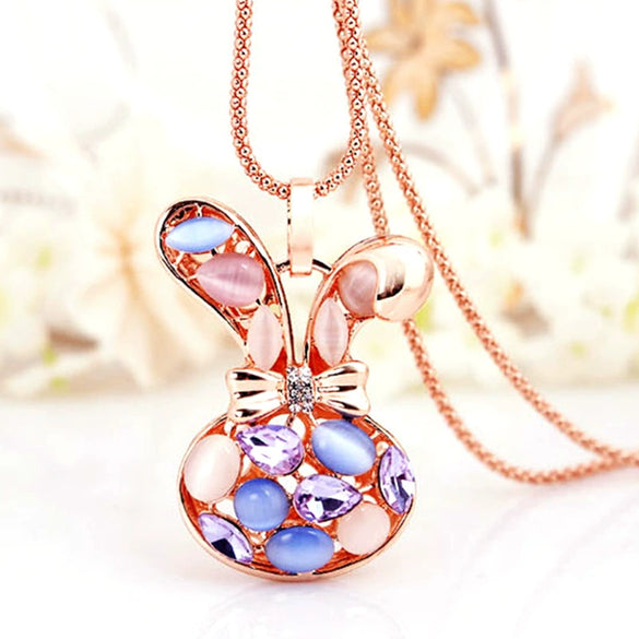 Alloy Necklace With Blue Cat's Eye And Rabbit Head Medieval And Geometric Style