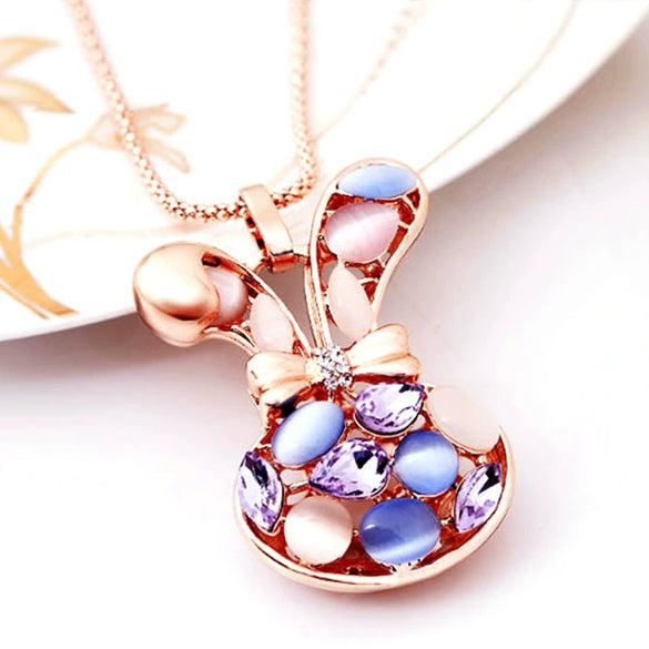 Alloy Necklace With Blue Cat's Eye And Rabbit Head Medieval And Geometric Style
