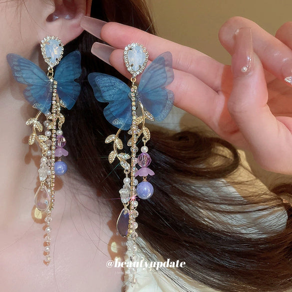 Alloy Needle Inlaid With Diamond Artificial Crystal Mesh Butterfly Pearl Tassel Earrings For Women With Animal Zodiac Pattern