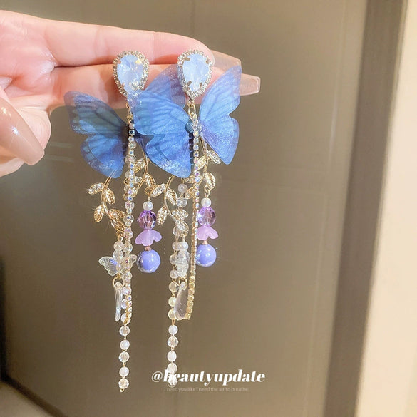 Alloy Needle Inlaid With Diamond Artificial Crystal Mesh Butterfly Pearl Tassel Earrings For Women With Animal Zodiac Pattern