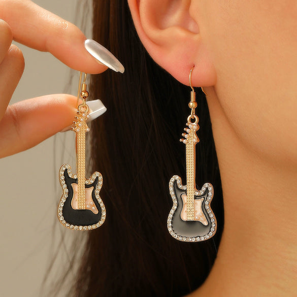 Alloy Oil Drop Diamond Guitar Earrings Punk Style Electroplated Women's