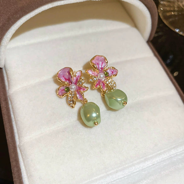 Alloy Oildrip Pearl Butterfly Flower Earrings For Women Light Luxury Style