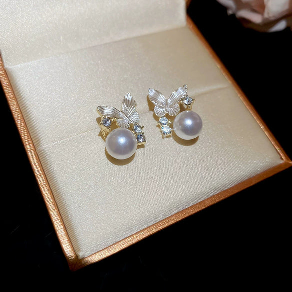 Alloy Oildrip Pearl Butterfly Flower Earrings For Women Light Luxury Style
