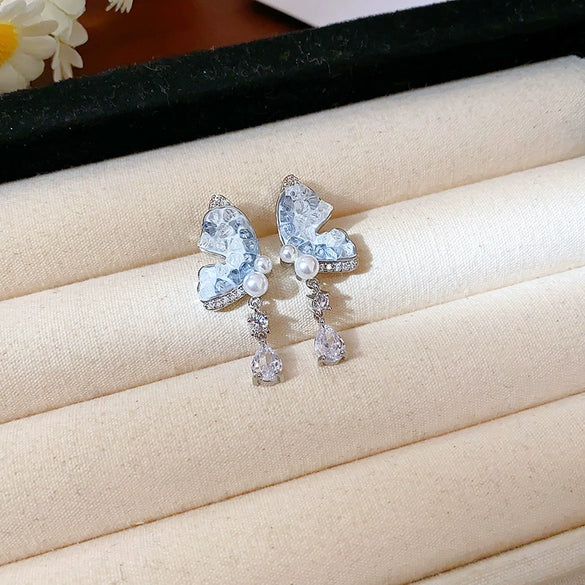 Alloy Oildrip Pearl Butterfly Flower Earrings For Women Light Luxury Style