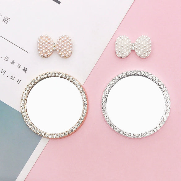 Alloy Pearl Bow Diamond Round Mirror Cosmetic Mirror Phone Case Jewelry Accessories Electroplated