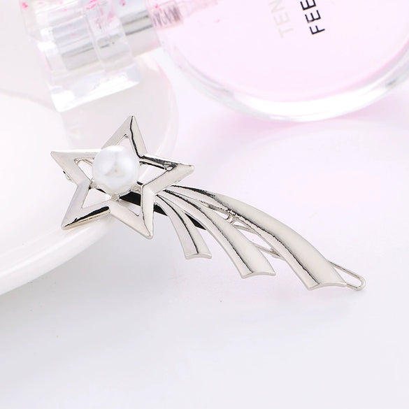 Alloy Pearl Bow Hairpin Gold Inlaid Women's Hair Accessory Duckbill Clip Ribbon Design