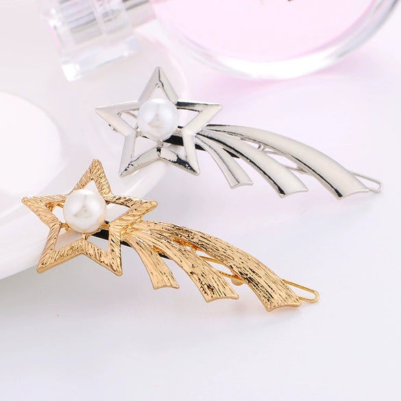 Alloy Pearl Bow Hairpin Gold Inlaid Women's Hair Accessory Duckbill Clip Ribbon Design