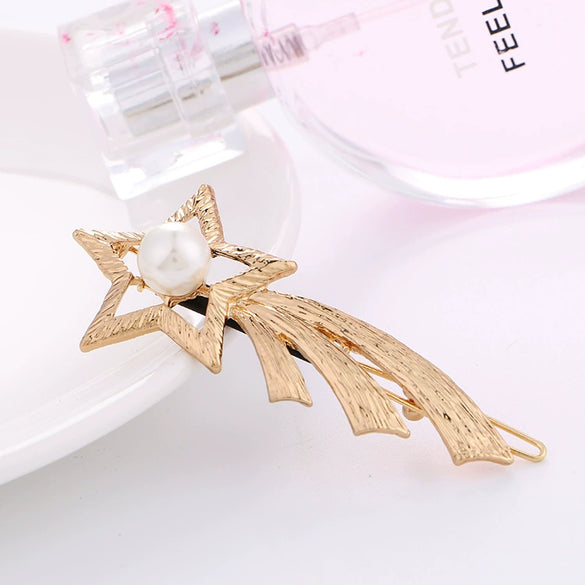 Alloy Pearl Bow Hairpin Gold Inlaid Women's Hair Accessory Duckbill Clip Ribbon Design