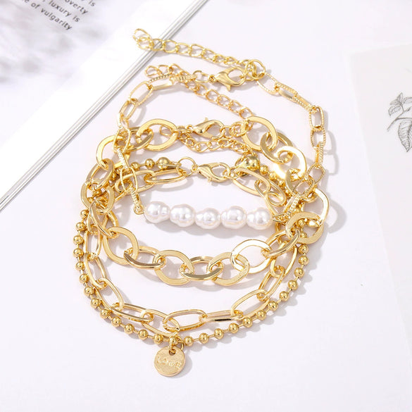 Alloy Pearl Bracelet Retro Style Geometric English Letter Love Electroplating Unisex