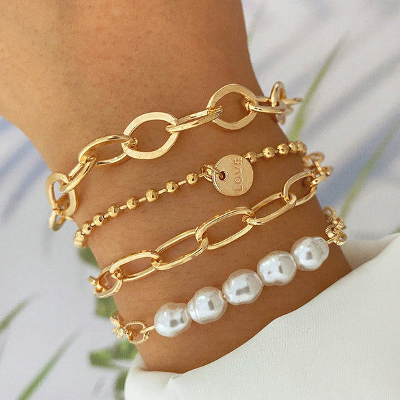 Alloy Pearl Bracelet Retro Style Geometric English Letter Love Electroplating Unisex