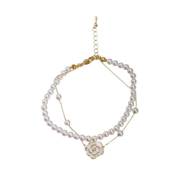 Alloy Pearl Camellia Double Layer Stacked Bracelet For Women Electroplated Hand Jewelry