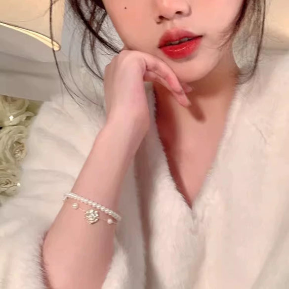 Alloy Pearl Camellia Double Layer Stacked Bracelet For Women Electroplated Hand Jewelry