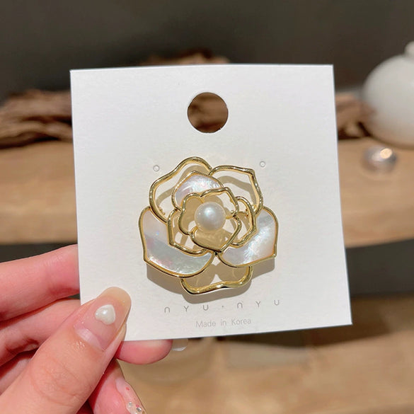 Alloy Pearl Camellia Flowers Brooch Electroplated For Women