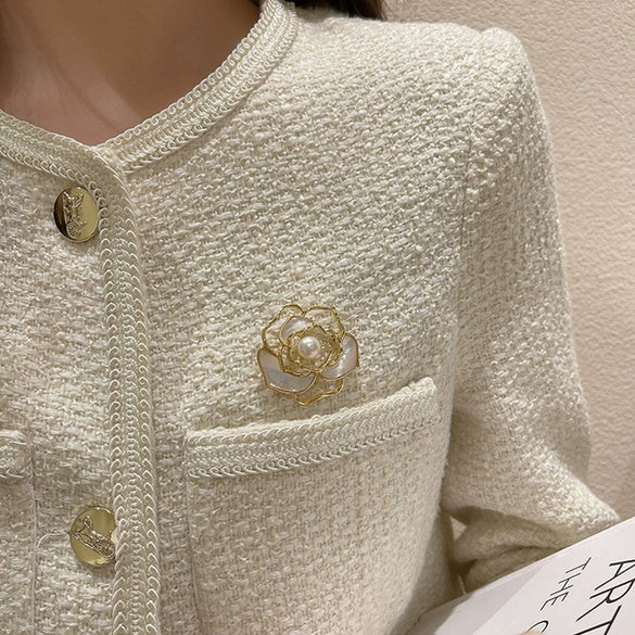 Alloy Pearl Camellia Flowers Brooch Electroplated For Women