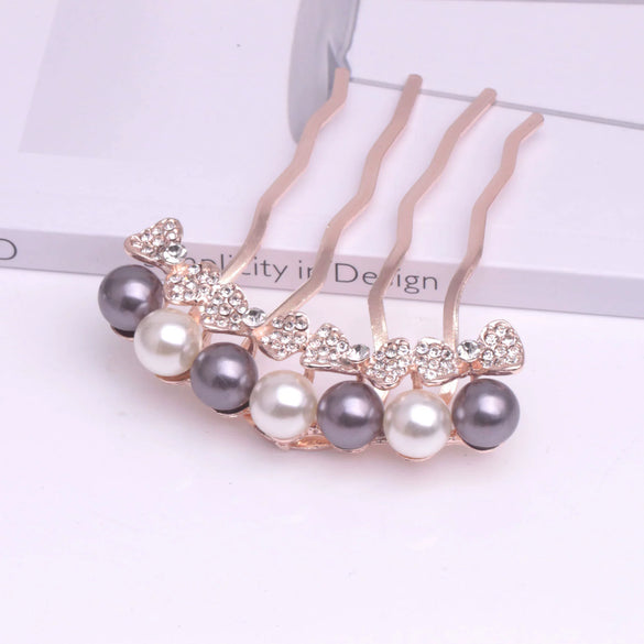 Alloy Pearl Fourtooth Hair Comb With Rhinestone Bow Women's Hair Accessories Electroplated