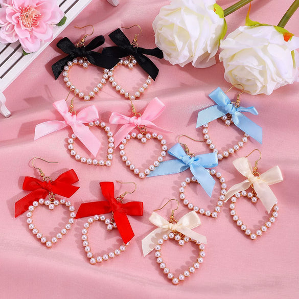 Alloy Pearl Inlaid Heart Shape And Bow Tie Earrings For Women