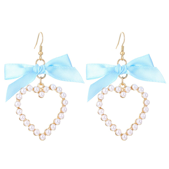 Alloy Pearl Inlaid Heart Shape And Bow Tie Earrings For Women