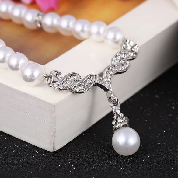 Alloy Pearl Necklace Earrings Two Piece Set With Drop Shape Design And Electroplating