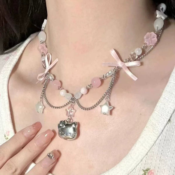 Alloy Pearl Necklace With Heart Shape Bow Tie Geometric Pendant For Women Electroplating Design