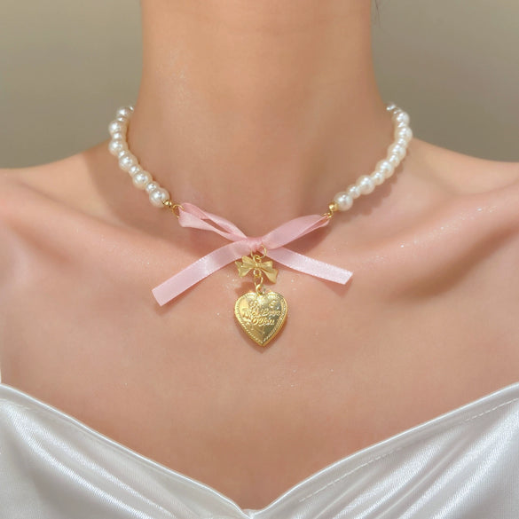 Alloy Pearl Necklace With Heart Shape Bow Tie Geometric Pendant For Women Electroplating Design