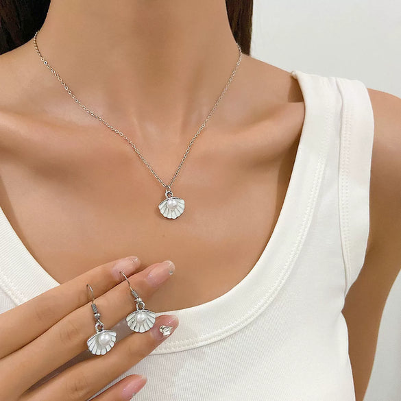 Alloy Pearl Shell Women's Jewelry With Marine Organisms Pattern Electroplated Clavicle Chain And Earrings