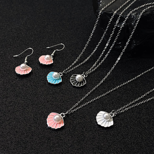 Alloy Pearl Shell Women's Jewelry With Marine Organisms Pattern Electroplated Clavicle Chain And Earrings