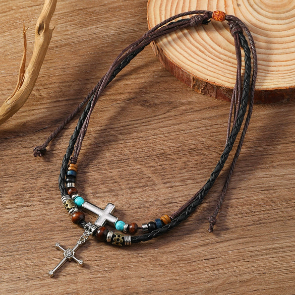 Alloy Pendant Butterfly Necklace Retro Braided Rope Handmade Beaded Multi Layer Unisex