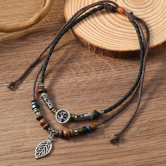 Alloy Pendant Butterfly Necklace Retro Braided Rope Handmade Beaded Multi Layer Unisex