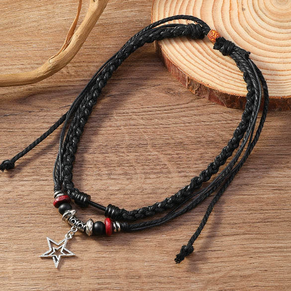 Alloy Pendant Butterfly Necklace Retro Braided Rope Handmade Beaded Multi Layer Unisex