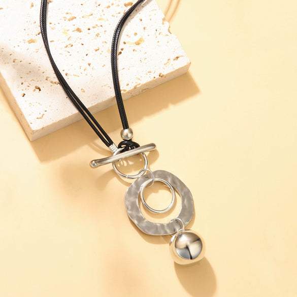 Alloy Pendant Leather Wax Thread Chain Geometric Minimalist Design Electroplating Fashion Necklace